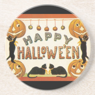 Vintage Halloween, Black Cats with Jackolanterns Sandstone Coaster
