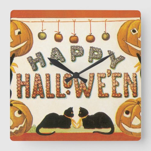 Vintage Halloween Black Cats with Jackolanterns Square Wall Clock