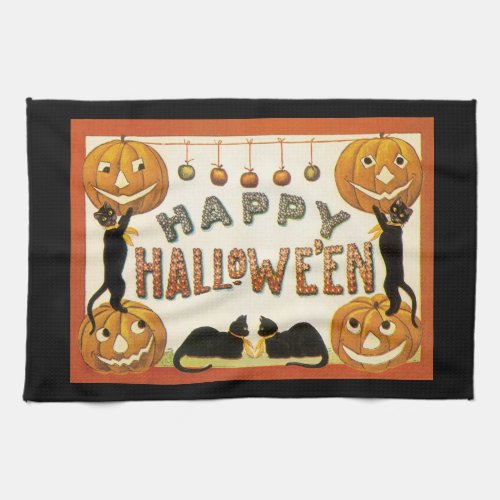 Vintage Halloween Black Cats with Jackolanterns Towel