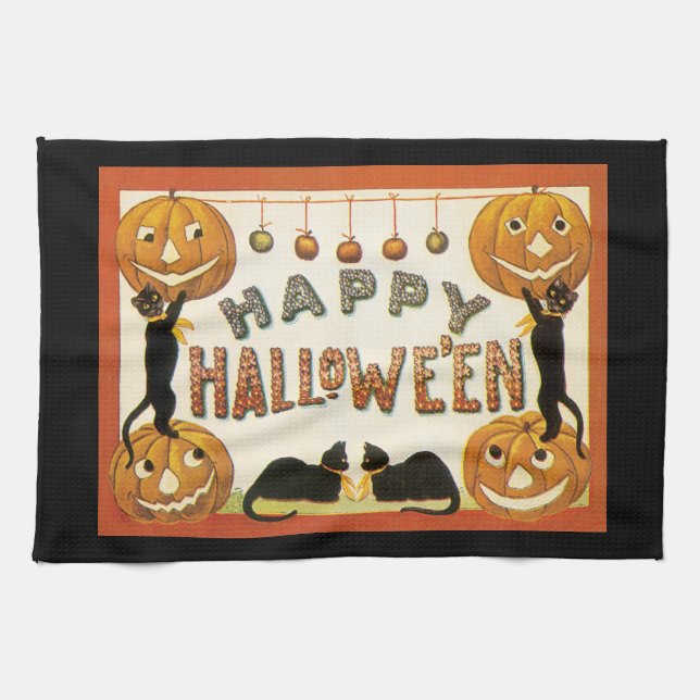 Vintage Halloween, Black Cats with Jackolanterns Towel (Horizontal)