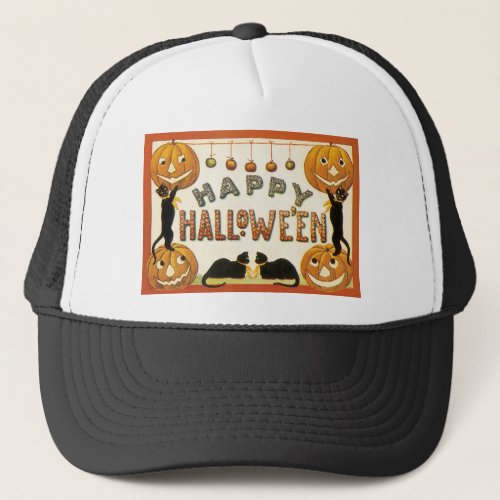 Vintage Halloween Black Cats with Jackolanterns Trucker Hat