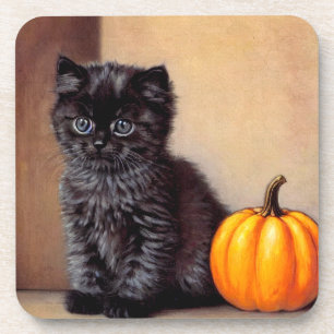 Vintage Halloween Black Kitten Illustration Beverage Coaster