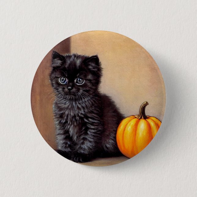 Vintage Halloween Black Kitten Illustration Button (Front)