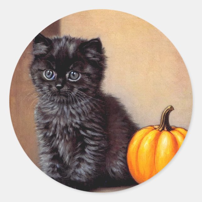 Vintage Halloween Black Kitten Illustration Classic Round Sticker (Front)