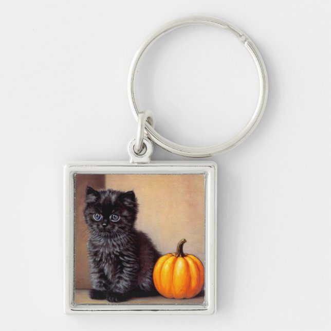 Vintage Halloween Black Kitten Illustration Keychain (Front)