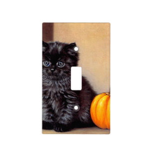 Vintage Halloween Black Kitten Illustration Light Switch Cover