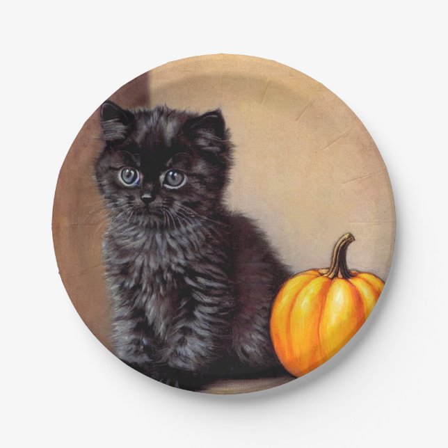 Vintage Halloween Black Kitten Illustration Paper Plates (Front)