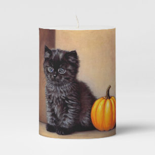 Vintage Halloween Black Kitten Illustration Pillar Candle