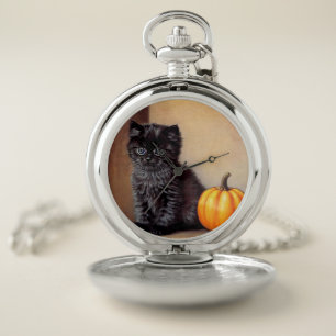 Vintage Halloween Black Kitten Illustration Pocket Watch