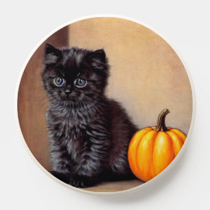 Vintage Halloween Black Kitten Illustration PopSocket