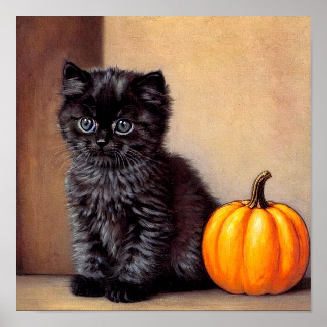Vintage Halloween Black Kitten Illustration Poster (Front)
