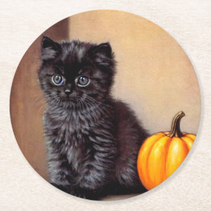 Vintage Halloween Black Kitten Illustration Round Paper Coaster