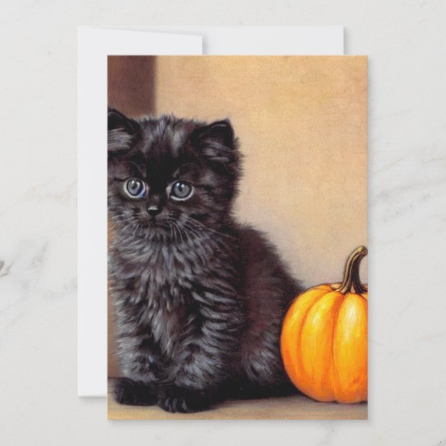 Vintage Halloween Black Kitten Illustration Save The Date (Front)