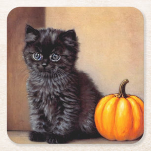 Vintage Halloween Black Kitten Illustration Square Paper Coaster