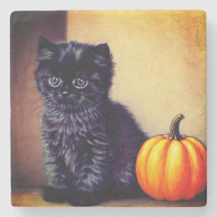 Vintage Halloween Black Kitten Illustration Stone Coaster