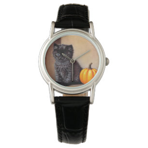 Vintage Halloween Black Kitten Illustration Watch