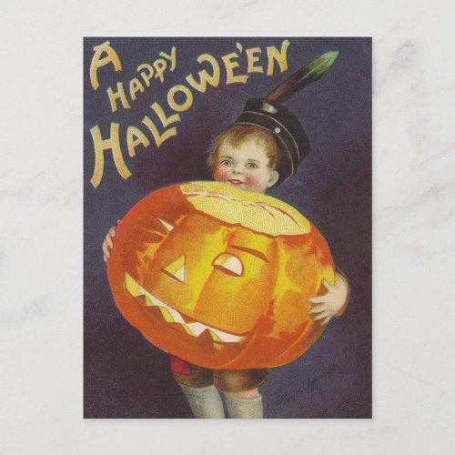 Vintage Halloween boy and pumpkin postcard