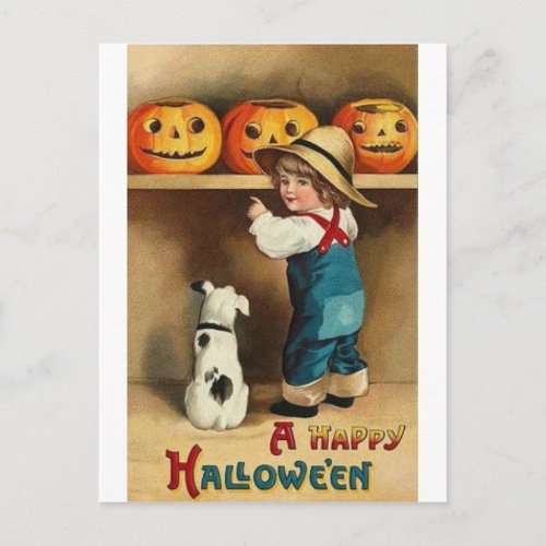 Vintage Halloween Boy Puppy and Jack_o_lantern Postcard
