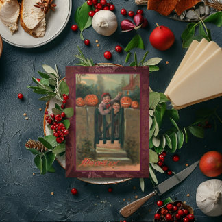 Vintage Halloween Boys And Pumpkins At Gate Card