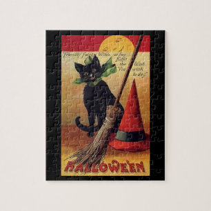 Vintage Halloween by Ellen Clapsaddle, Black Cat Jigsaw Puzzle