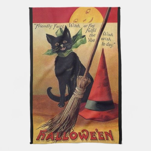 Vintage Halloween by Ellen Clapsaddle Black Cat Kitchen Towel