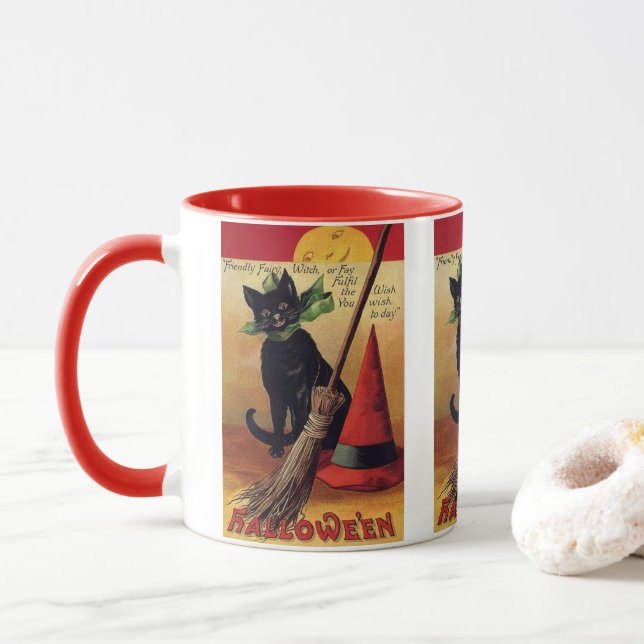 Vintage Halloween by Ellen Clapsaddle, Black Cat Mug (With Donut)