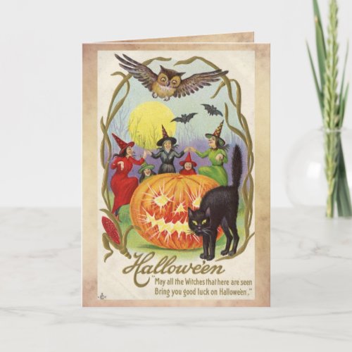 Vintage Halloween Card Circle of Witches Card