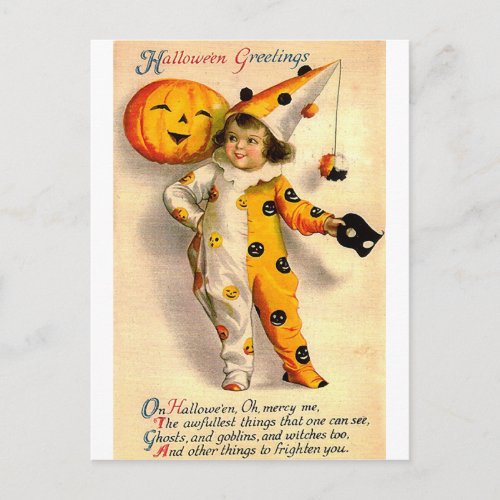Vintage Halloween Card Costumed Girl and Pumpkin