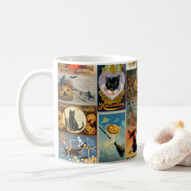 Vintage Halloween Cards Collage Coffee Mug (With Donut)