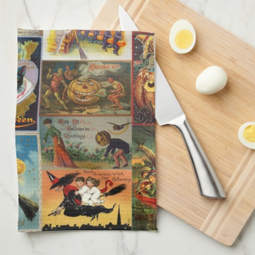 Vintage Halloween Cards Collage Kitchen Towel