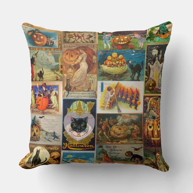 Vintage Halloween Cards Collage Throw Pillow (Front)