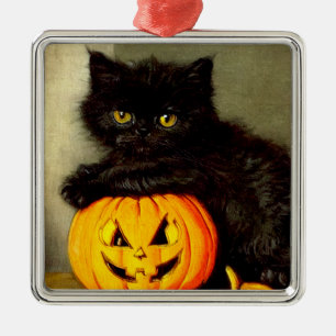 Vintage Halloween Cat and Jack-o’-lantern Metal Ornament