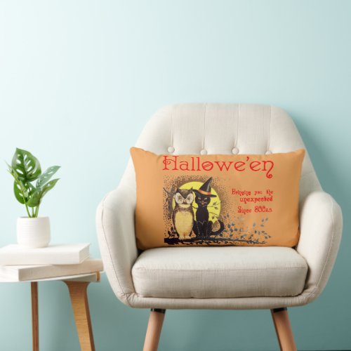 Vintage Halloween Cat and Owl Lumbar Pillow