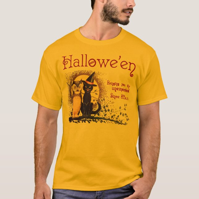 Vintage Halloween Cat and Owl Men's Shirts (Front)