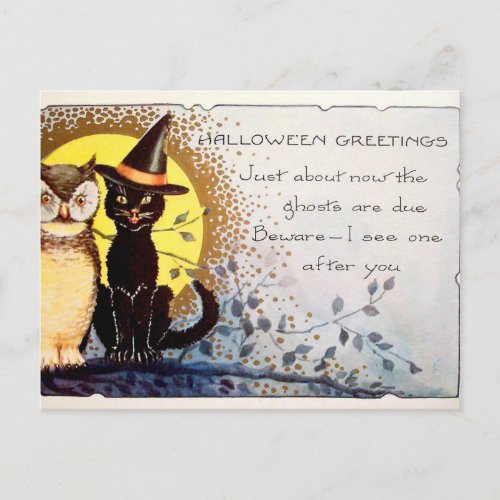 Vintage Halloween cat and owl postcard