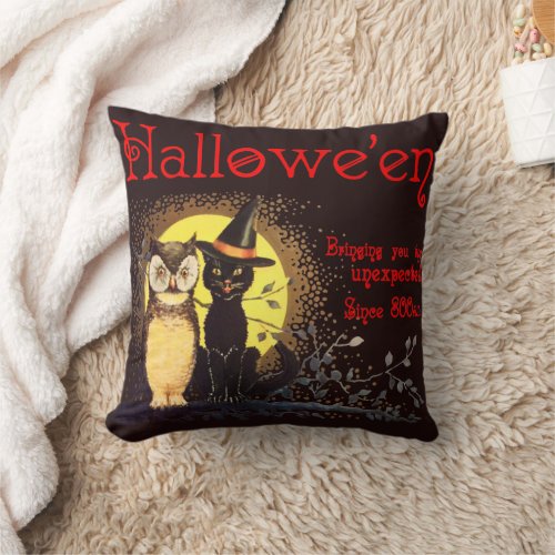 Vintage Halloween Cat and Owl Throw Pillow