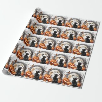 Vintage Halloween Cat and Pumpkin Wrapping Paper