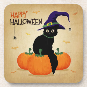Vintage Halloween Cat and Pumpkins Coaster