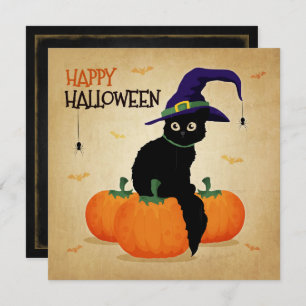 Vintage Halloween Cat and Pumpkins Invitation