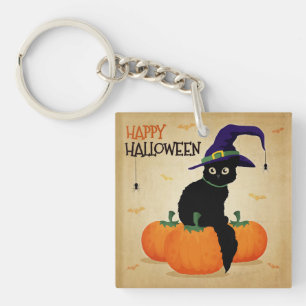 Vintage Halloween Cat and Pumpkins Keychain