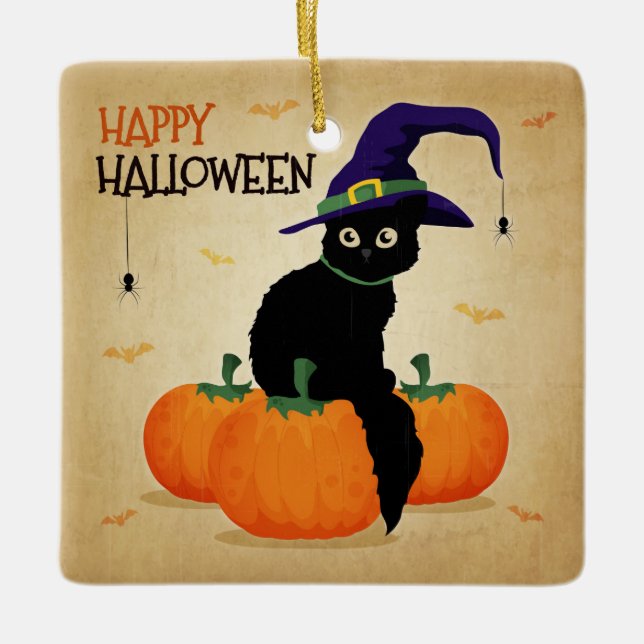 Vintage Halloween Cat and Pumpkins | Ornament (Front)