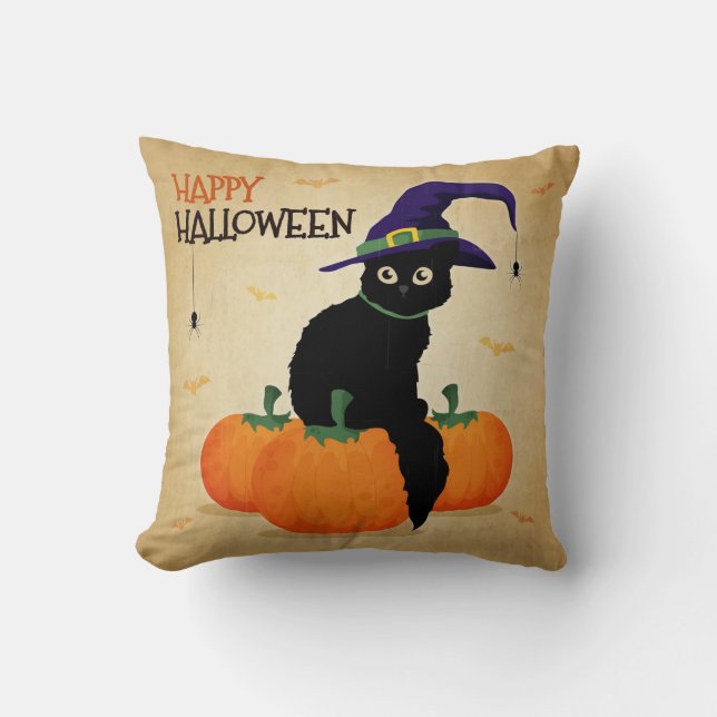 Vintage Halloween Cat and Pumpkins | Throw Pillow (Front)