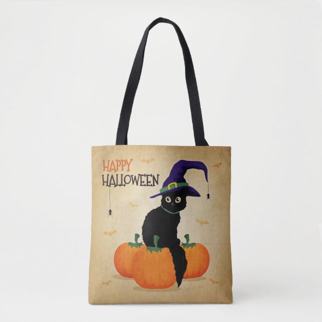 Vintage Halloween Cat and Pumpkins | Tote Bag (Front)