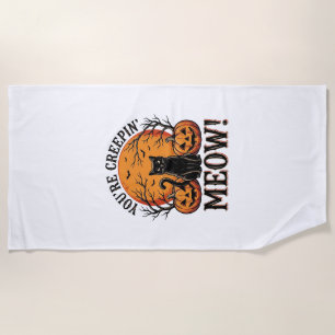 Vintage Halloween Cat Creepin Meow Engraving_1 Beach Towel