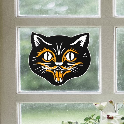 Vintage Halloween Cat Face Black Orange White  Window Cling