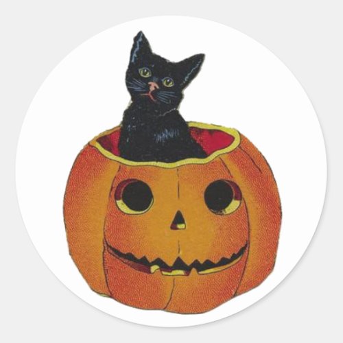 Vintage Halloween Cat In Pumpkin Classic Round Sticker
