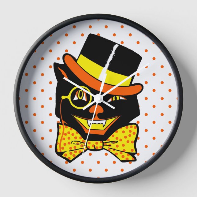 Vintage Halloween Cat in Top Hat  Clock (Front)