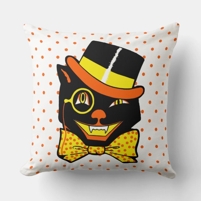 Vintage Halloween Cat in Top Hat  Throw Pillow (Front)