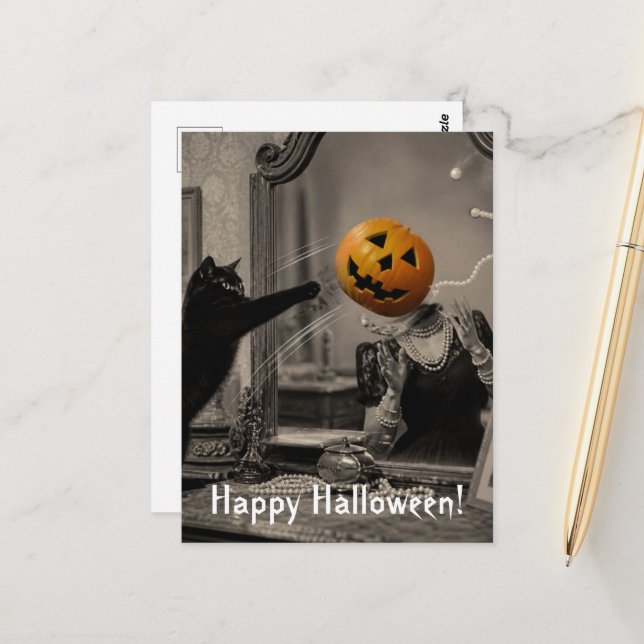 Vintage Halloween Cat Knocks Jackolantern Head off Postcard (Front/Back In Situ)