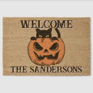 Vintage Halloween Cat Last Name Fiber Doormat